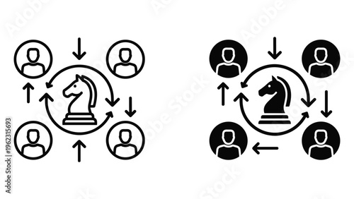 Black and white chess knight movement strategy with arrows