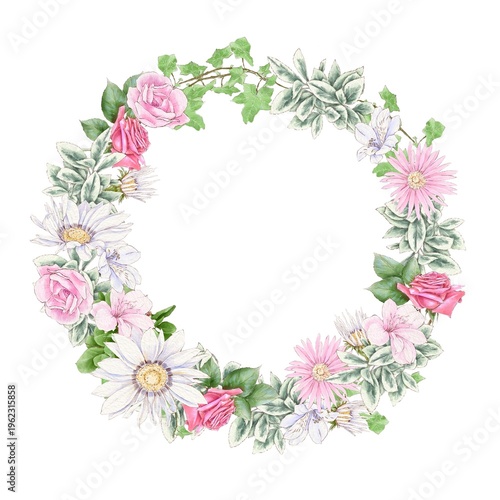 Watercolor illustration of a wreath of delicate roses and other flowers on a white background, hand-drawn.