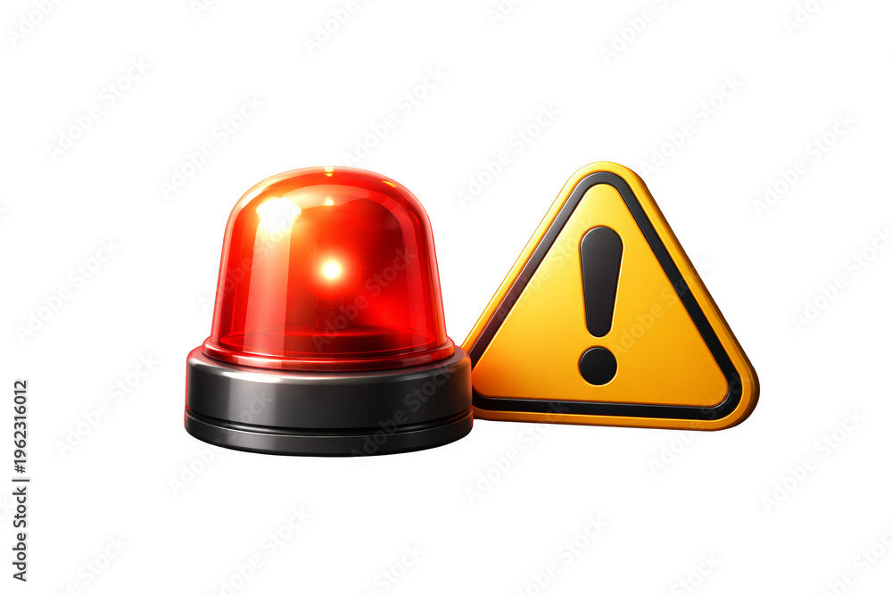 Fototapeta premium Warning light and exclamation mark symbol on black background