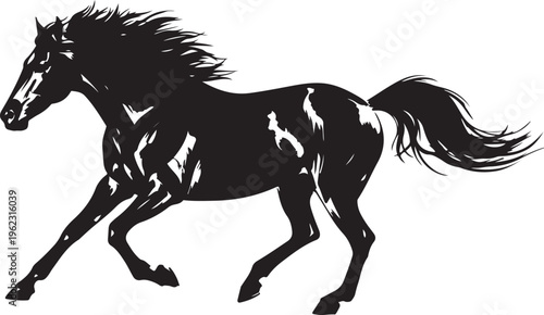 A powerful black stallion silhouette captured in a dynamic running vector illustration showcasing the wild spirit and speed of this majestic equine mammal