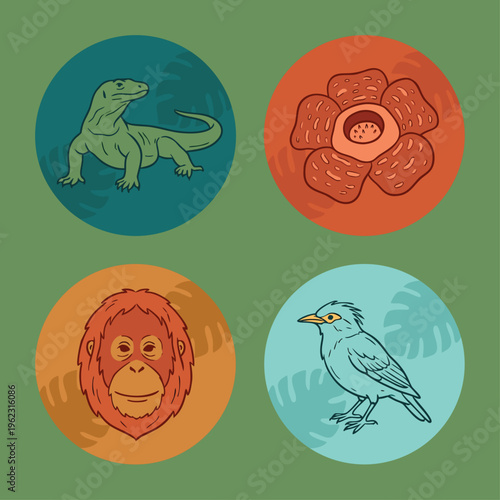 Collection of Indonesian Wildlife and Flora Icons.