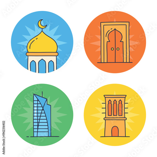 Collection of Islamic and Modern Architecture Icons.