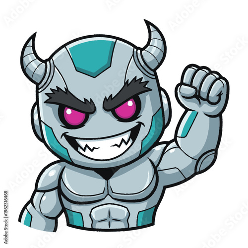 Cartoon Robot Character with Horns and Fist.