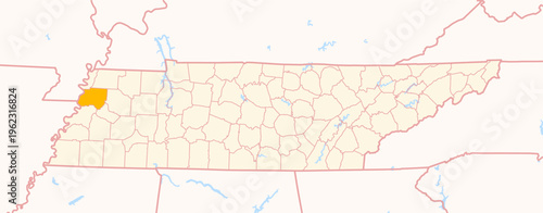Map of the County Dyer (Tennessee, US) showing the Federal State with the highlighted County