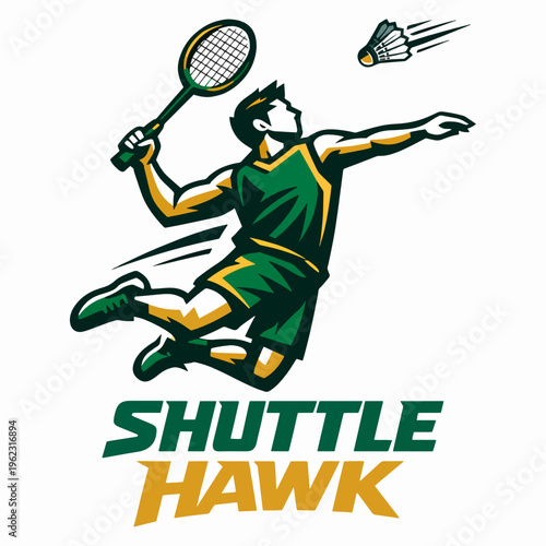 Shuttle Hawk Badminton Team Logo Featuring Agile Player In Mid Air Smash With Bold Athletic Vector Emblem Design Highlighting Speed Precision And Competitive Energy