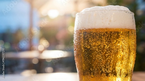 A refreshing glass of beer with condensation and foam on a blurred outdoor background at sunset or sunrise with a warm atmosphere and golden light