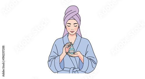 Woman in blue robe and purple towel holding blue jar in soft pastel lighting for skincare advertising