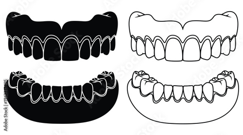 Four sets of false teeth depicted in contrasting black and white silhouette