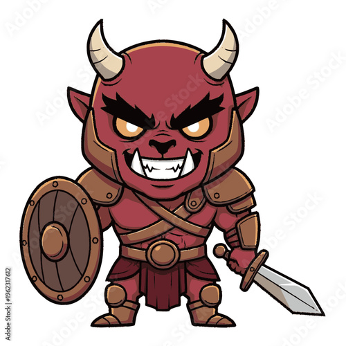 Red Cartoon Demon Character with Sword Shield.