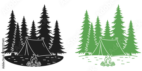 Camping tent forest illustration set, outdoor adventure artwork, evergreen trees campfire design, wilderness nature vector, flat graphic illustration