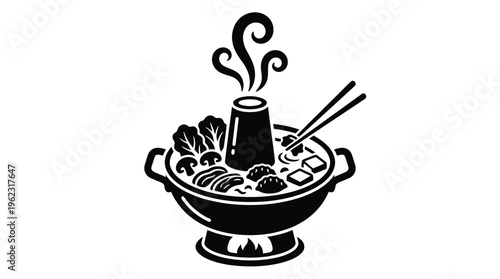 A steaming pot of asian cuisine including vegetables and noodles silhouette