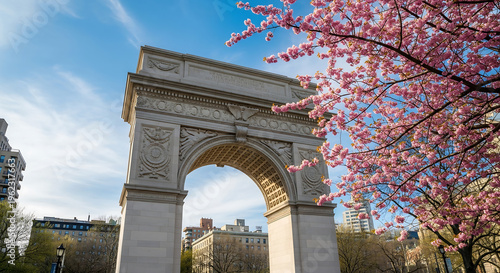 Washington Square Arch springtime photo. New York City landmark framed by blooming cherry blossoms with blue sky background, perfect travel image