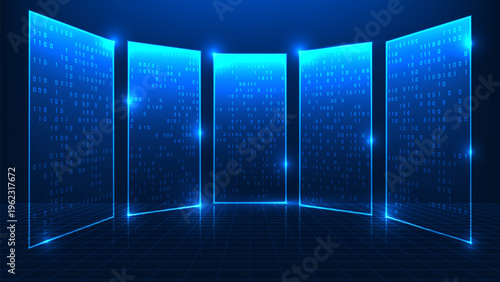 Technology background digital screen with running code and data streams, representing software development, programming, coding process, system engineering, and modern digital technology innovation.