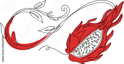 Continuous one-line drawing of a red dragon fruit with black seeds in an elongated flowing shape, flat red color.