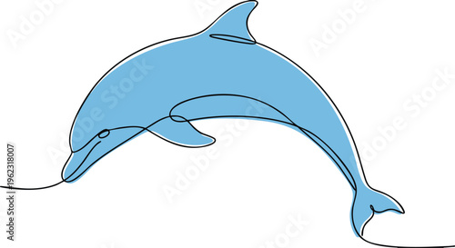 Continuous one-line drawing of a jumping dolphin creating a smooth arc, flat blue color.