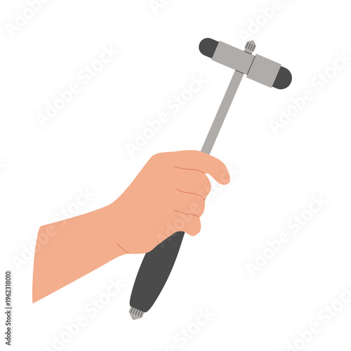 Flat doctor hand holding reflex hammer for check tendon reflexes during a neurological testing. Vector professional tool used by neurologists for checking the nerves. Instrument for examination of the