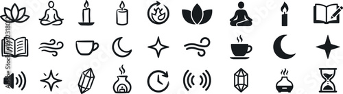 Mindfulness and Meditation Glyph Icon Set. Solid Vector Wellness Symbols of Yoga, Lotus Flower, Candles, Crystals, Essential Oils, and Relaxation for Health Apps, Spa Branding, and Spiritual Design.