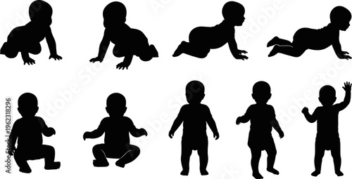 Baby development silhouettes set, crawling sitting standing vectorBaby development silhouettes set, crawling sitting standing stages, infant growth progression, toddler crawling 