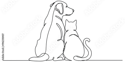 Dog and cat continuous line drawing illustration, minimalist pet silhouette design, animal companionship artwork, harmony contour vector illustration