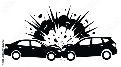 Two cars colliding in a dramatic explosion depicted as a stark silhouette