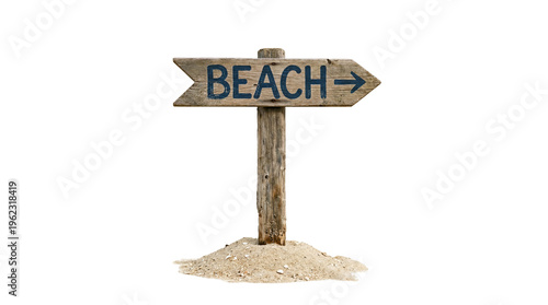 Old wooden arrow signpost with BEACH text and arrow in sand, isolated on transparent background