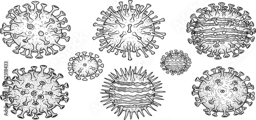 Hand Drawn Virus and Bacteria Illustration Set with Microorganisms, Germs, and Infection Concepts in Detailed Line Art Style