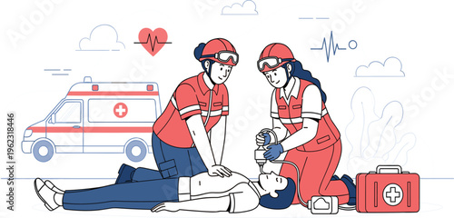 Emergency CPR First Aid Scene with Paramedics Performing Cardiopulmonary Resuscitation, Ambulance Support and Life Saving Medical Assistance Illustration