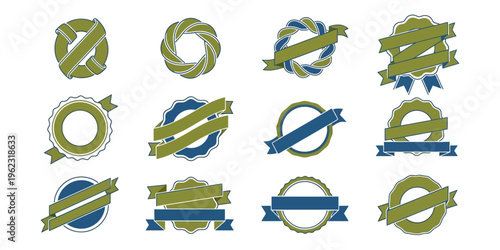 Vector set of vintage labels and ribbon badges in green and blue