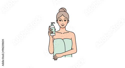 Woman in towel holding skincare bottle in minimalist flat illustration for beauty product advertising