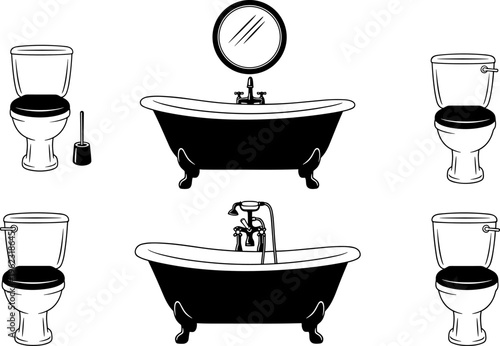 Bathroom fixtures set illustration, toilet and bathtub collection, vintage clawfoot tub design, hygiene equipment, restroom interior elements, vector plumbing icons bundle