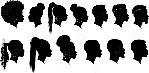 Black people profile silhouettes collection, afro hairstyles set, men women diversity, cultural identity, face side view, modern vector illustration design