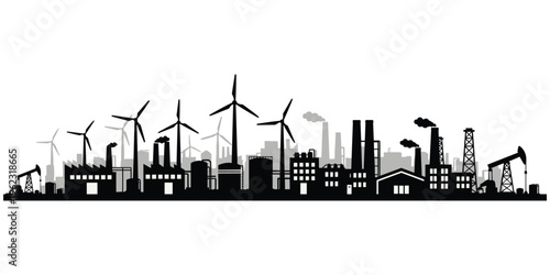 Industrial energy cityscape illustration, renewable wind turbines artwork, factory refinery oil rig design, urban infrastructure vector, power production silhouette