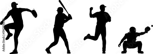 Baseball players silhouette set pitcher batter runner catcher action poses sports team game concept isolated on white background illustration