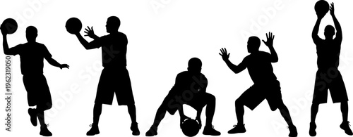 Basketball player silhouettes set, dribbling passing shooting actions, sport activity collection, athletic movement poses, vector illustration of dynamic game performance