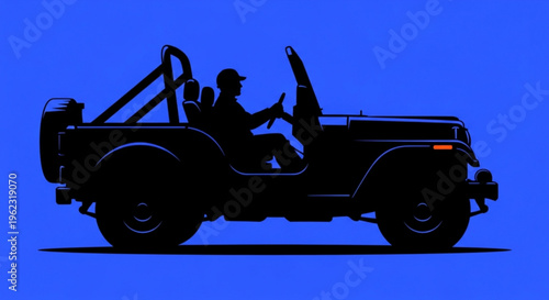 Silhouette of a man driving a convertible off road vehicle on a blue background with a sense of freedom and adventure