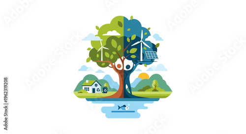 Eco-Friendly Harmony: Nature, Green Energy, and Community Sustainability Illustration