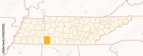 Map of the County Wayne (Tennessee, US) showing the Federal State with the highlighted County