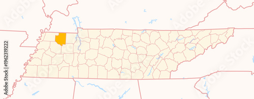 Map of the County Weakley (Tennessee, US) showing the Federal State with the highlighted County