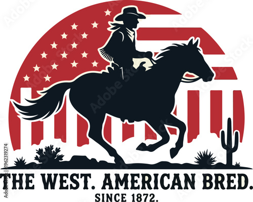 Cowboy riding horse silhouette at sunset, western style