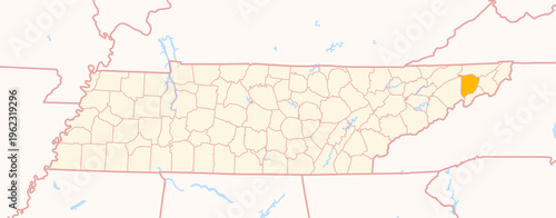 Map of the County Washington (Tennessee, US) showing the Federal State with the highlighted County