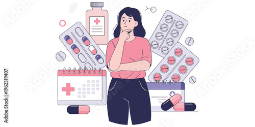 Medication management illustration, health planning decision artwork, pills capsules blister packs design, medical treatment vector, healthcare concept illustration