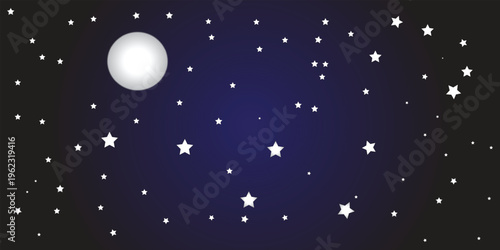 Starry night sky with glowing moon and bright stars in a deep blue galaxy space scene
