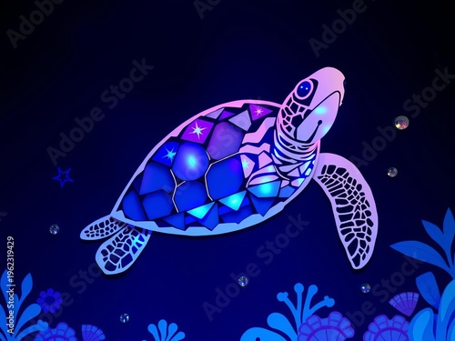 Paper-cut sea turtle mosaic, embodying ocean depths with ethereal marine creatures and soft pastel tones against a rich navy,  artistic,  pastel palette