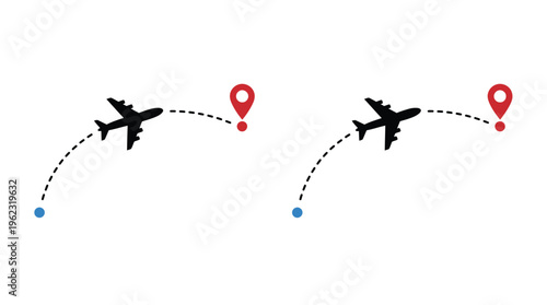Two airplanes flying along dotted paths with destination markers silhouette