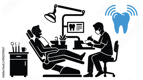 Dental checkup scene with a patient and dentist black design silhouette