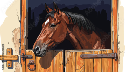 A beautiful brown horse stands peacefully in the stable with its majestic mane and expressive eye captured in a stunning equine portrait