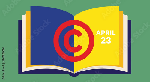 Open book with copyright symbol and date April 23, isolated on transparent background