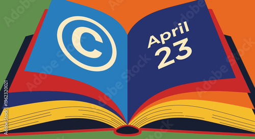 Open book with copyright symbol and date April 23, abstract design, isolated on transparent background