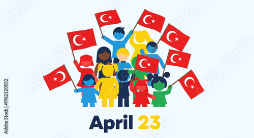 Diverse group of children holding Turkish flags celebrating April 23rd isolated on transparent background