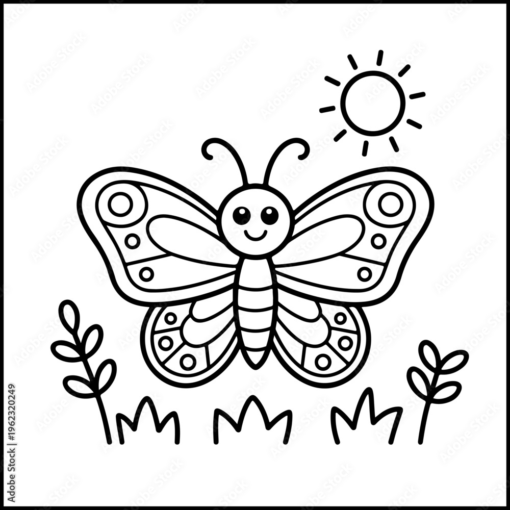 Obraz premium Butterfly coloring page with sun and grass vector illustration for kids and adults flat design